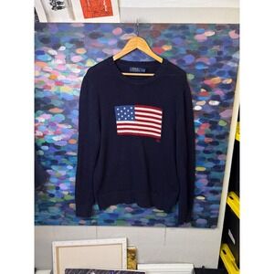 Polo Ralph Lauren Mens Navy Blue American Flag Intarsia Knit Sweater Large L/G